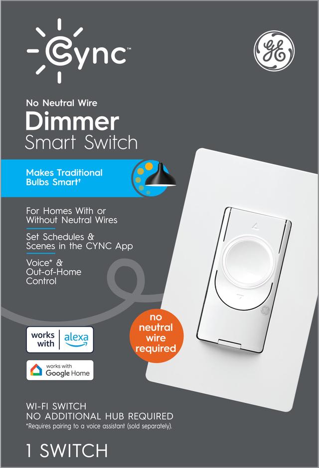GE CYNC Smart Dimmer Light Switch, No Neutral Wire Required, Bluetooth and 2.4 GHz Wi-Fi 3-Wire Switch, Works with Alexa and Google Home, White (1 Pack)