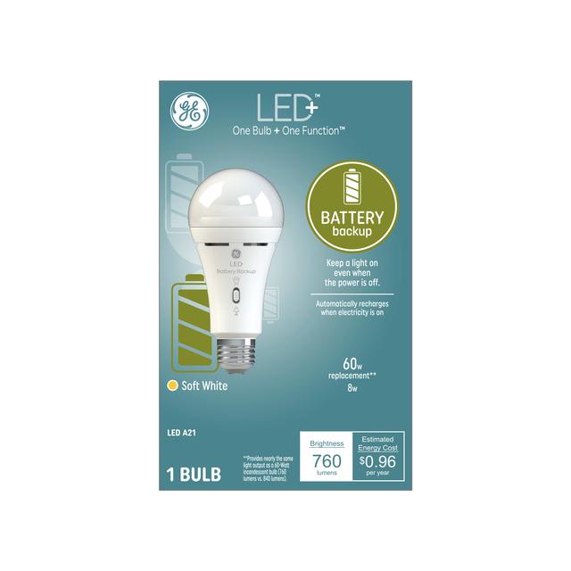GE LED+ Battery Backup LED Light Bulbs,General Purpose, A21 Bulb, 8 Watts (1 Pack)