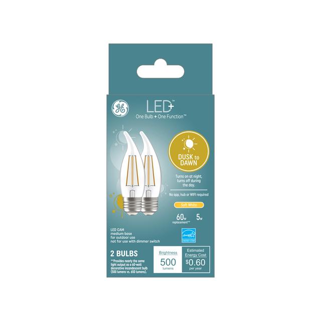 LED+ Dusk to Dawn Decorative Light Bulbs, Automatic On/Off Security Light, Soft White, CA11 (2 Pack)