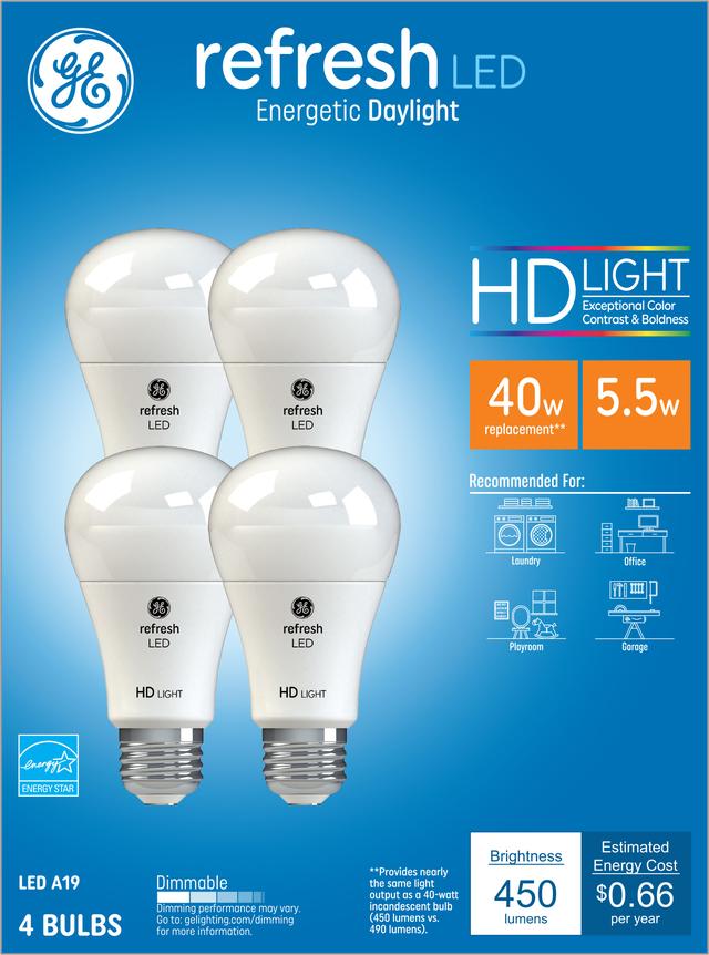 GE Refresh HD LED 40 Watt Replacement, Daylight, A19 General Purpose Bulbs (4 Pack)