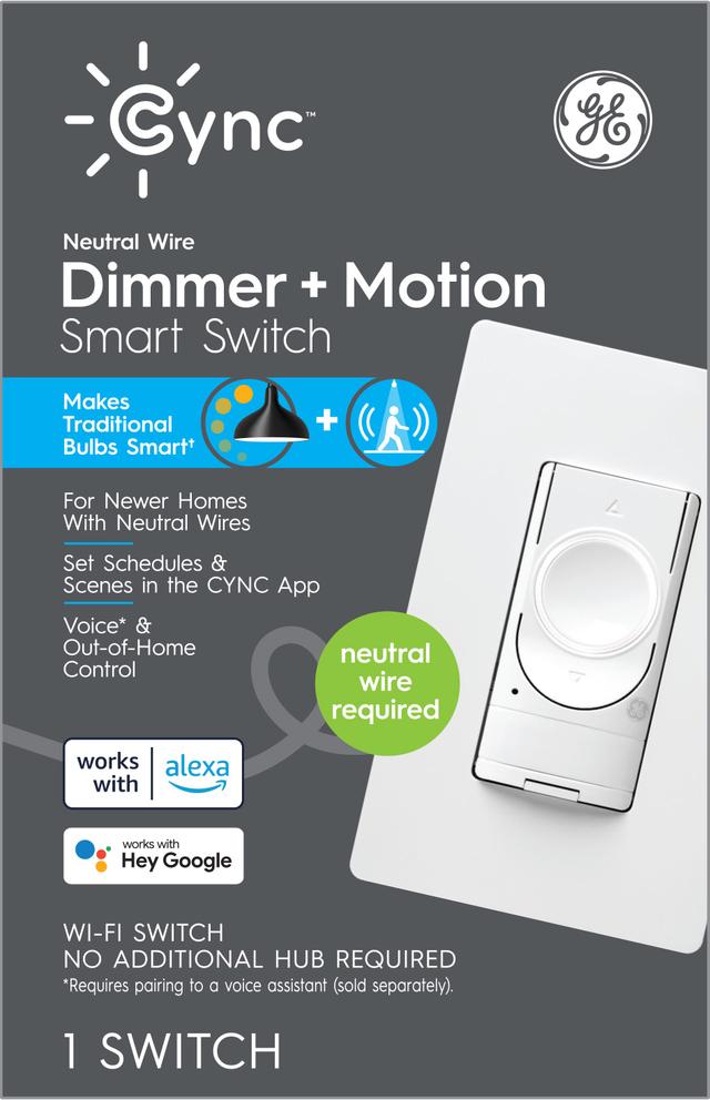 GE Cync Smart Light Dimmer Switch & Motion Sensor, Neutral Wire Required, 2.4 GHz WiFi Works with Amazon Alexa and Google Home, White (1 Pack)