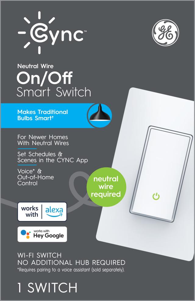 GE CYNC Smart Light Switch On/Off Paddle Style, Neutral Wire Required, Bluetooth and 2.4 GHz Wi-Fi 4-Wire Switch, Works with Alexa and Google Home, White (1 Pack)