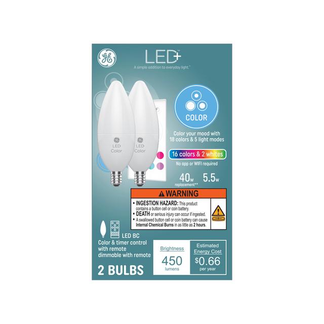 GE LED+ Color 40-Watt Replacement Decorative Candelabra Base LED Light Bulbs (2-Pack)