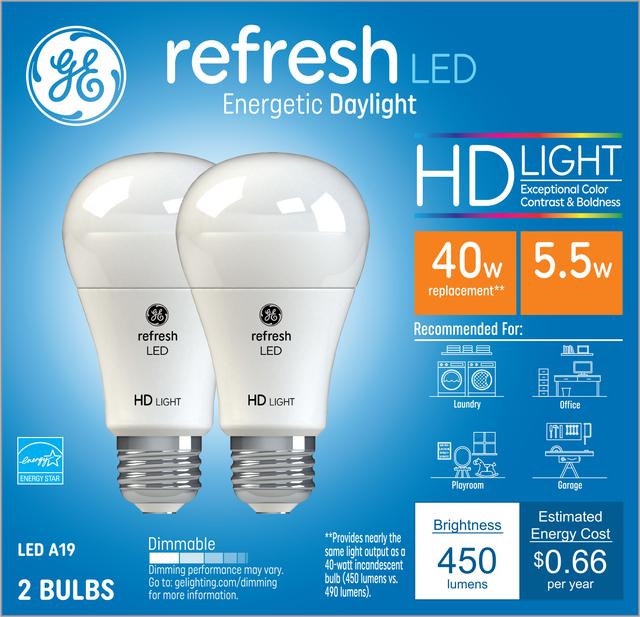 GE Refresh HD LED 40 Watt Replacement, Daylight, A19 General Purpose Bulbs (2 Pack)