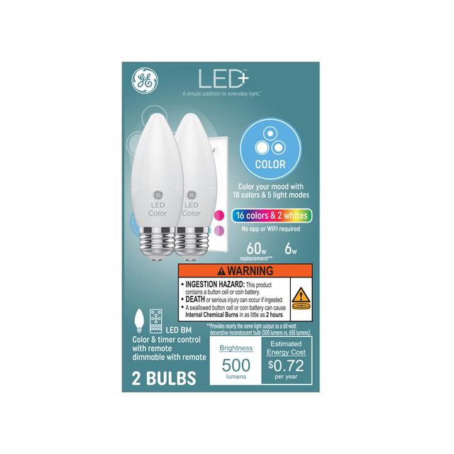 GE LED+ Color Changing LED Light Bulb, Decorative BC Lights, Remote Included, 60 Watt Equivalent, E26 Medium Base (2 Pack)