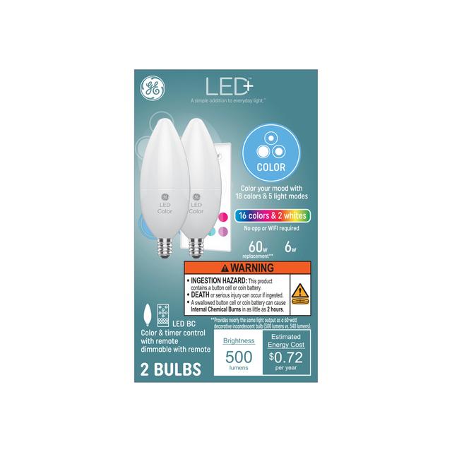 GE LED+ Color Changing LED Light Bulb, Decorative BC Lights, Remote Included, 60 Watt Equivalent, E12 Small Base (2 Pack)