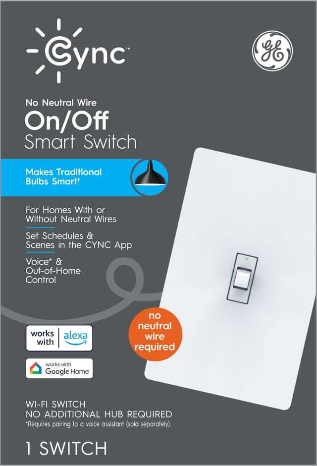 GE CYNC Smart Light Switch On/Off Toggle Style, No Neutral Wire Required, Bluetooth and 2.4 GHz Wi-Fi 3-Wire Switch, Works with Alexa and Google Home